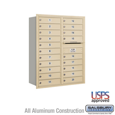11 Door High Recessed Mounted 4C Horizontal Mailbox with 20 Doors in Sandstone with USPS Access - Rear Loading
